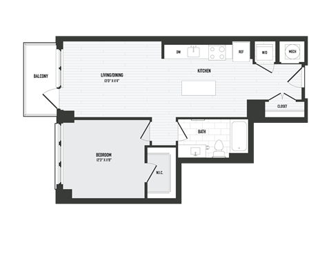 Floor plan for 1 bed, 1 bath, 714 sqft