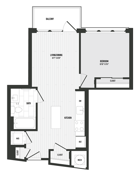 Floor plan for 1 bed, 1 bath, 597 sqft