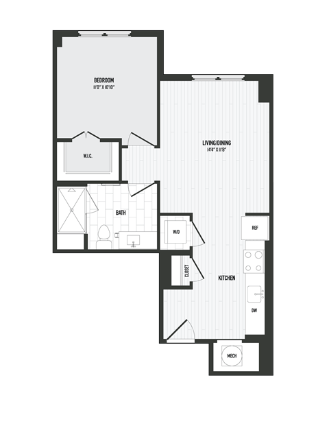 Floor plan for 1 bed, 1 bath, 650 sqft