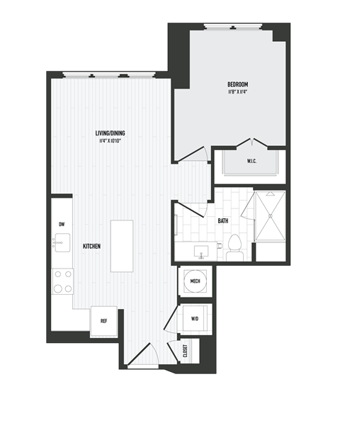 Floor plan for 1 bed, 1 bath, 642 sqft