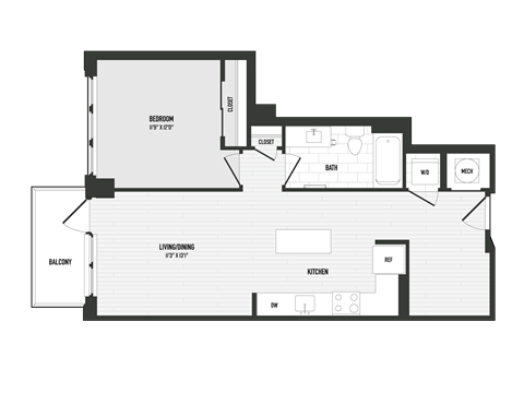 Floor plan for 1 bed, 1 bath