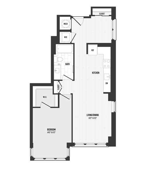 Floor plan for 1 bed, 1 bath, 749 sqft