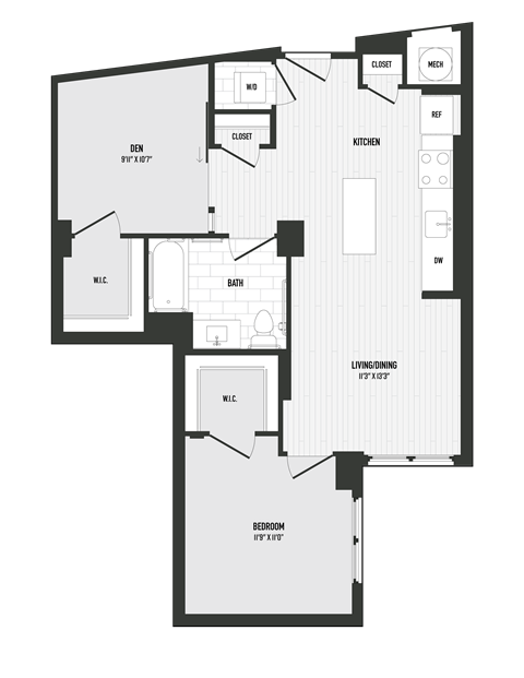 Floor plan for 1 bed, 1 bath