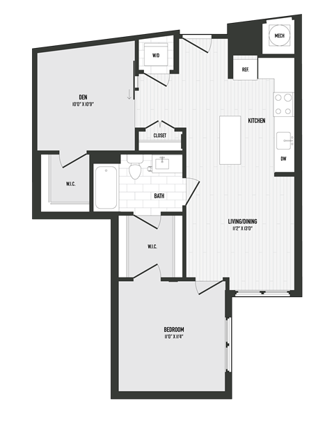 Floor plan for 1 bed, 1 bath, 791 sqft