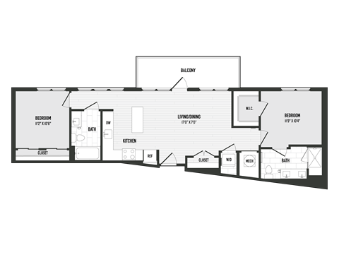 Floor plan for 2 beds, 2 baths, 957 sqft