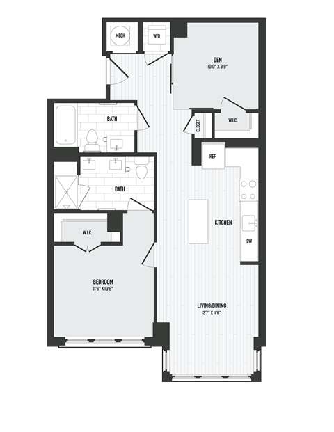 Floor plan for 2 beds, 2 baths, 870 sqft