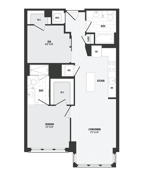 Floor plan for 2 beds, 2 baths, 925 sqft