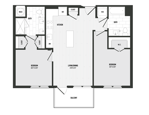 Floor plan for 2 beds, 2 baths, 889 sqft