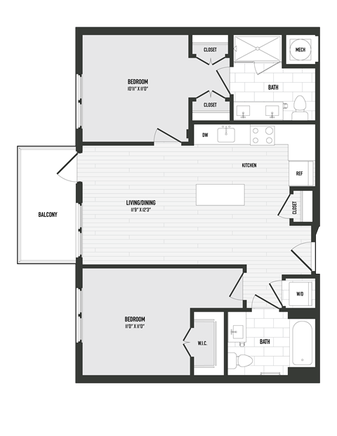 Floor plan for 2 beds, 2 baths, 897 sqft