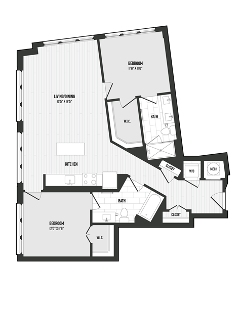 Floor plan for 2 beds, 2 baths, 1107 sqft