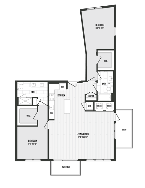 Floor plan for 2 beds, 2 baths
