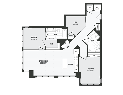 Floor plan for 2 beds, 2 baths, 1225 sqft