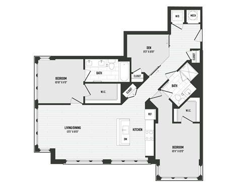 Floor plan for 2 beds, 2 baths, 1225 sqft