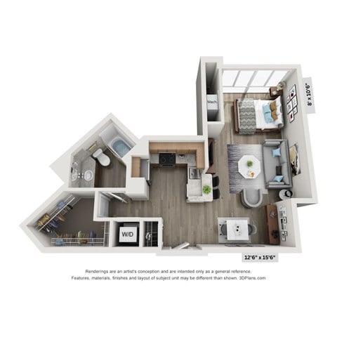 Floor plan for studio, 1 bath, 553 sqft