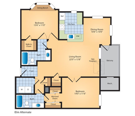 Floor plan for 2 beds, 2 baths, 1133 sqft
