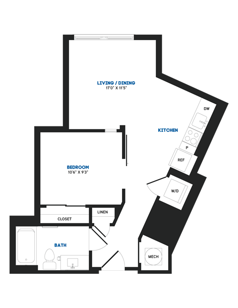 Floor plan for 1 bed, 1 bath, 540 sqft