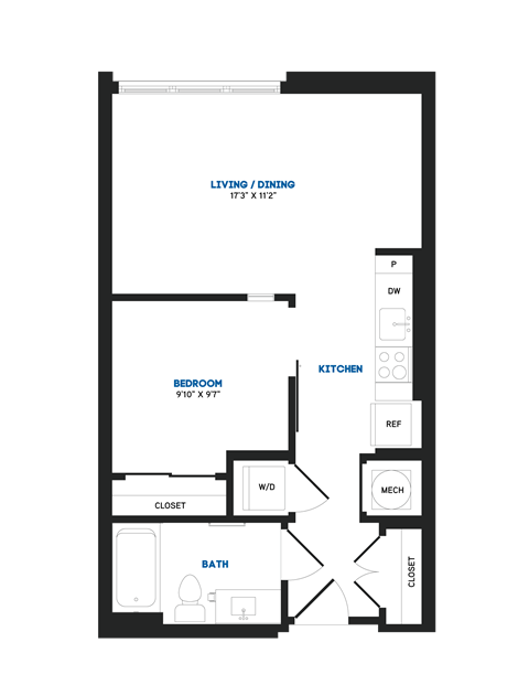 Floor plan for 1 bed, 1 bath, 545 sqft