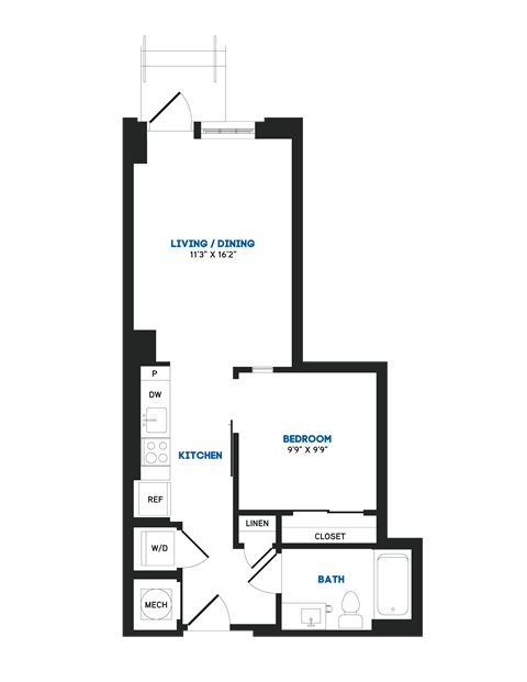 Floor plan for 1 bed, 1 bath