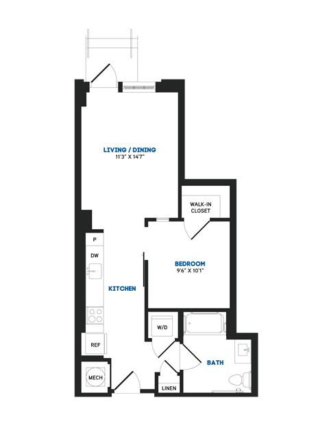 Floor plan for 1 bed, 1 bath