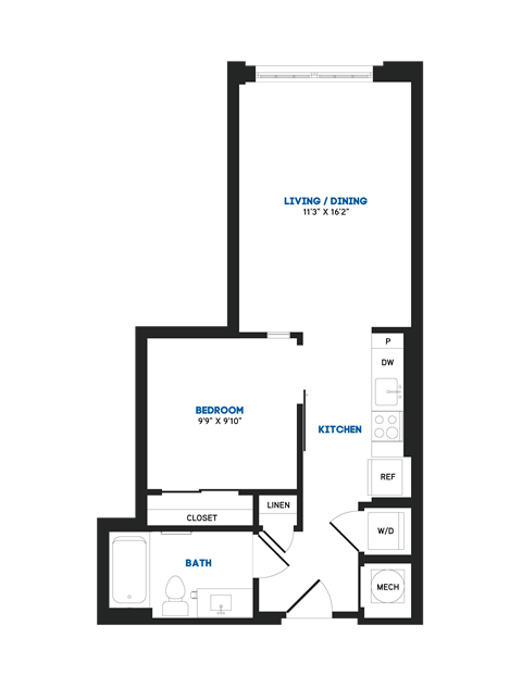 Floor plan for 1 bed, 1 bath, 559 sqft