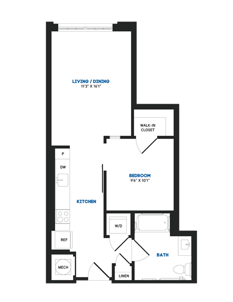 Floor plan for 1 bed, 1 bath, 595 sqft