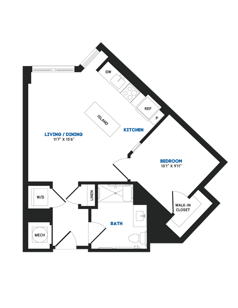Floor plan for 1 bed, 1 bath