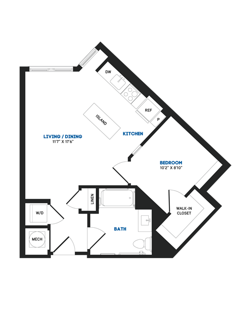 Floor plan for 1 bed, 1 bath, 604 sqft