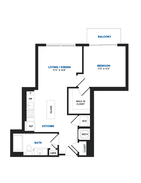Floor plan for 1 bed, 1 bath, 656 sqft