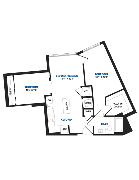 Floor plan for 1 bed, 1 bath