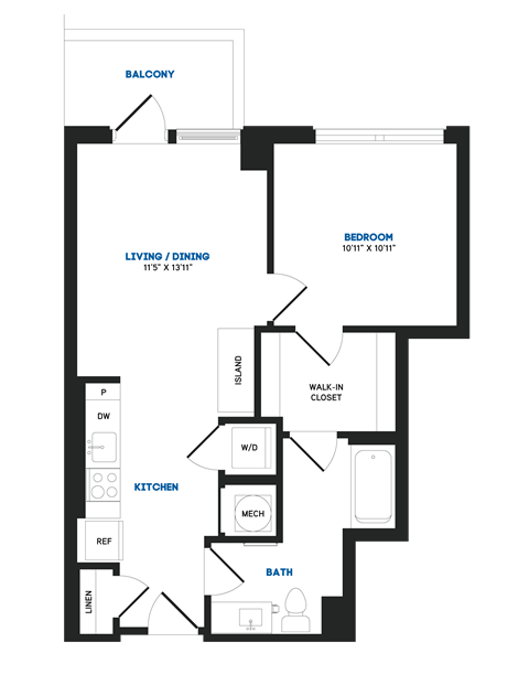 Floor plan for 1 bed, 1 bath, 625 sqft