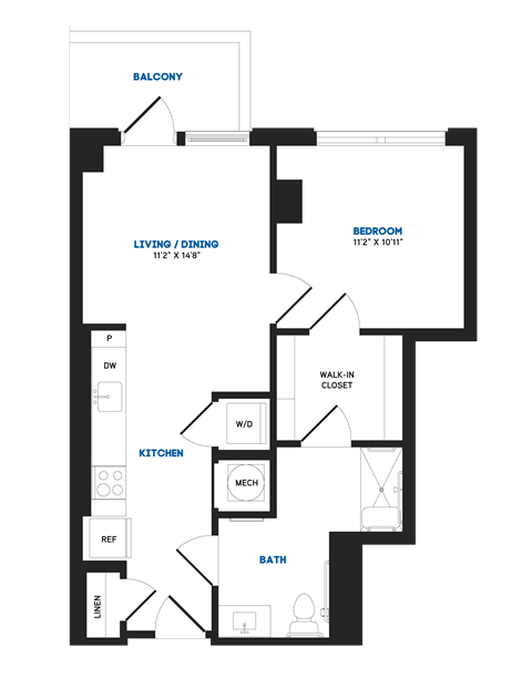 Floor plan for 1 bed, 1 bath