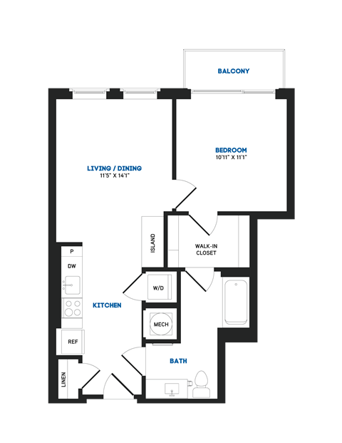 Floor plan for 1 bed, 1 bath, 625 sqft