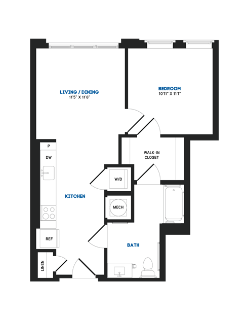 Floor plan for 1 bed, 1 bath