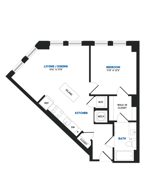Floor plan for 1 bed, 1 bath, 717 sqft