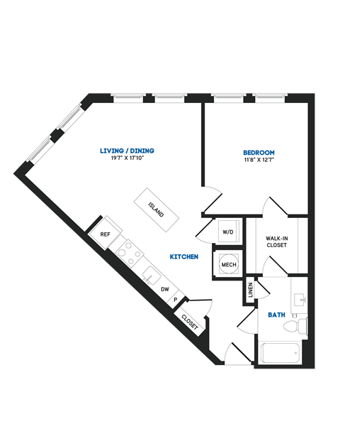 Floor plan for 1 bed, 1 bath, 717 sqft