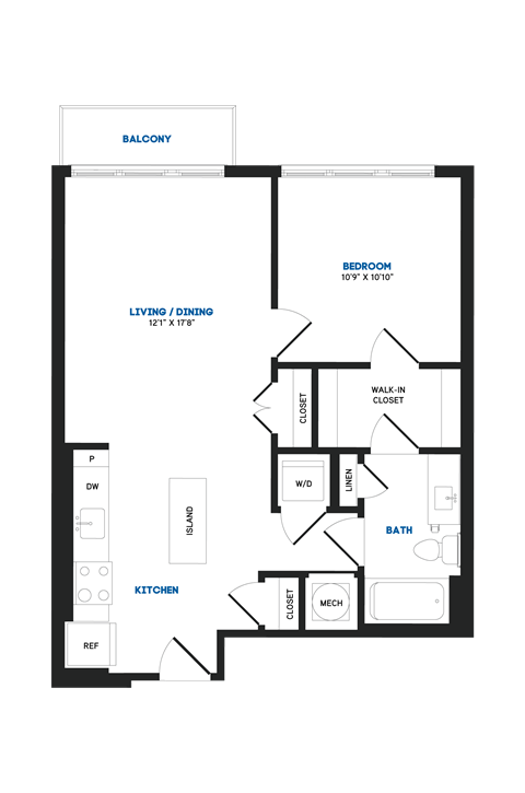 Floor plan for 1 bed, 1 bath, 685 sqft