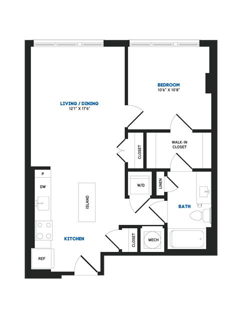 Floor plan for 1 bed, 1 bath