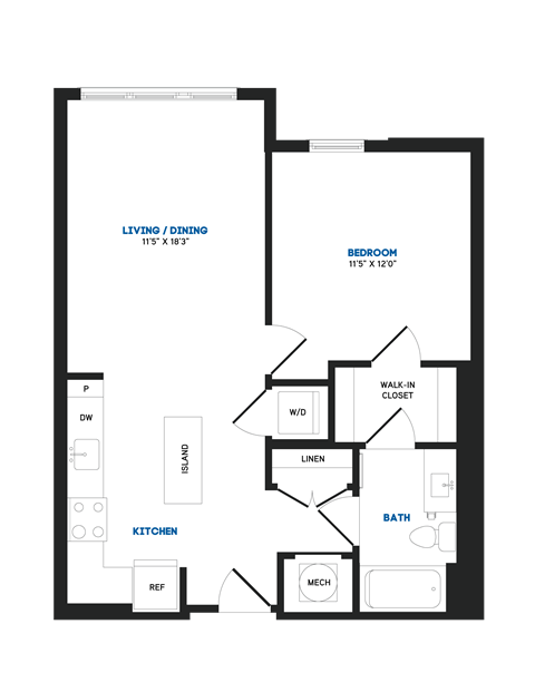 Floor plan for 1 bed, 1 bath, 681 sqft