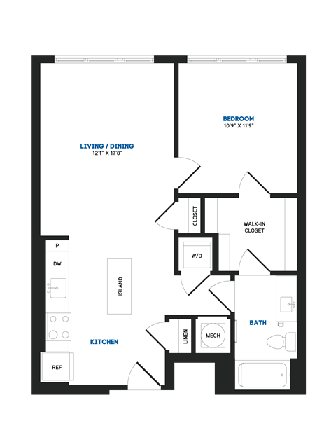 Floor plan for 1 bed, 1 bath, 692 sqft