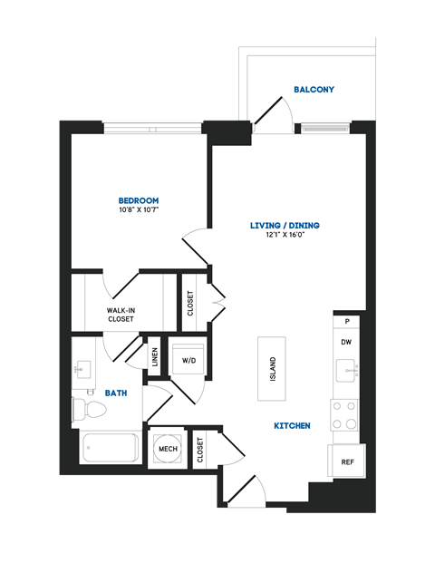 Floor plan for 1 bed, 1 bath