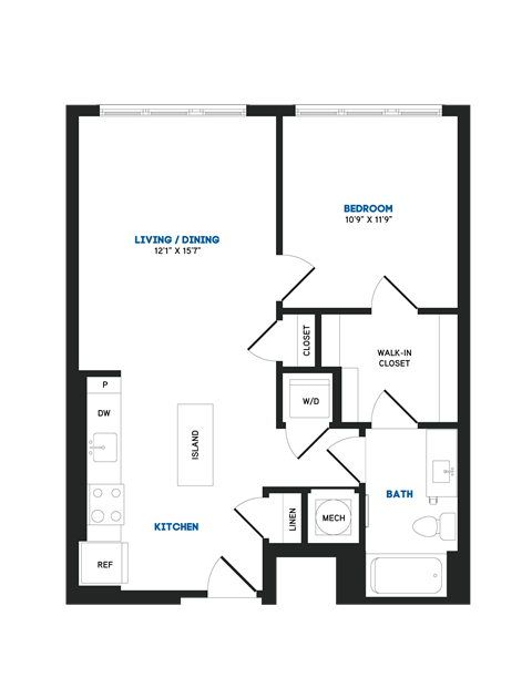 Floor plan for 1 bed, 1 bath, 722 sqft