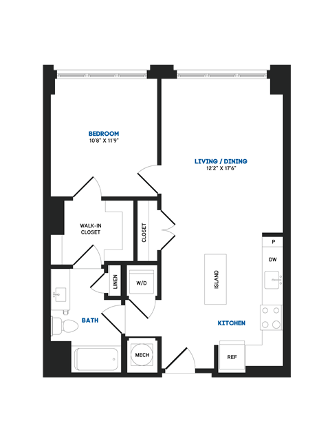 Floor plan for 1 bed, 1 bath, 722 sqft