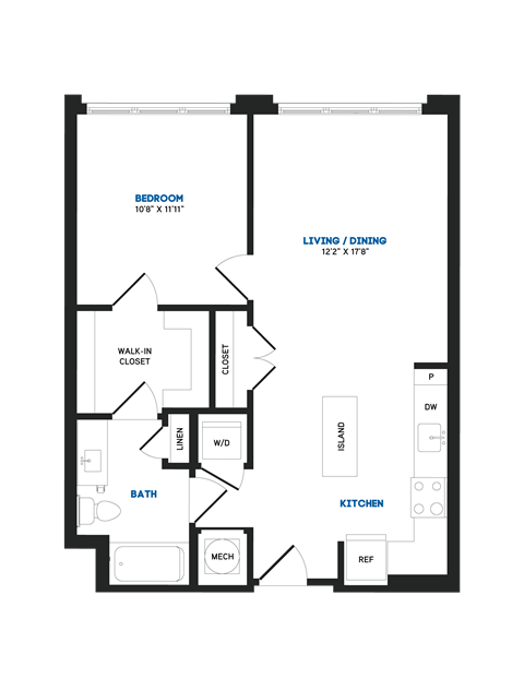 Floor plan for 1 bed, 1 bath, 727 sqft
