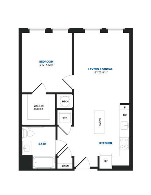 Floor plan for 1 bed, 1 bath