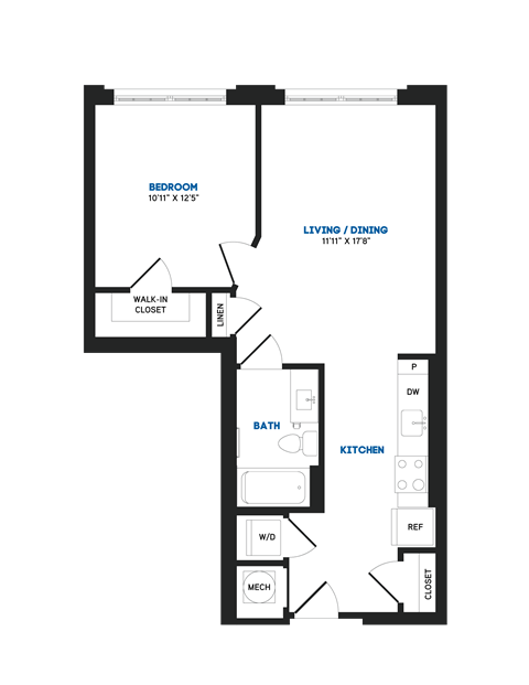 Floor plan for 1 bed, 1 bath, 675 sqft