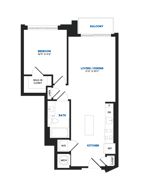 Floor plan for 1 bed, 1 bath, 709 sqft