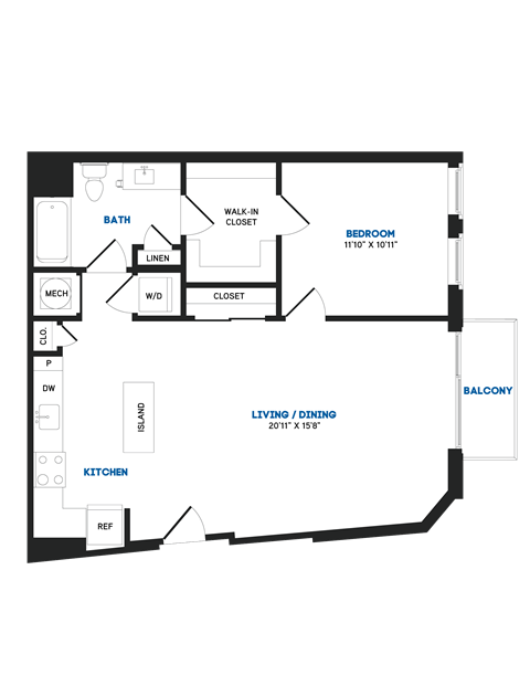 Floor plan for 1 bed, 1 bath, 830 sqft