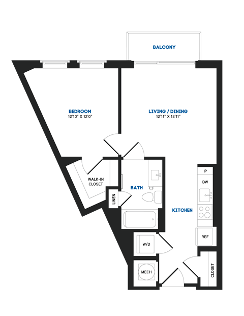 Floor plan for 1 bed, 1 bath, 592 sqft