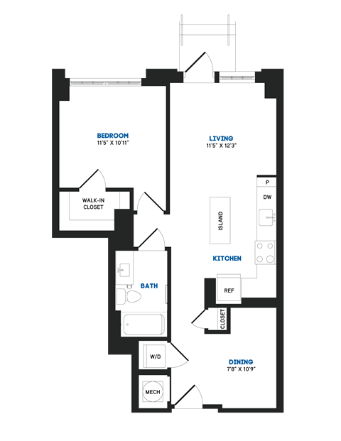 Floor plan for 1 bed, 1 bath, 730 sqft