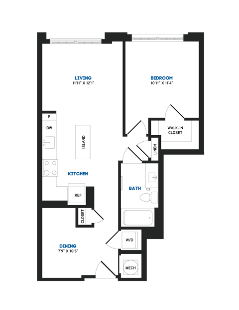 Floor plan for 1 bed, 1 bath